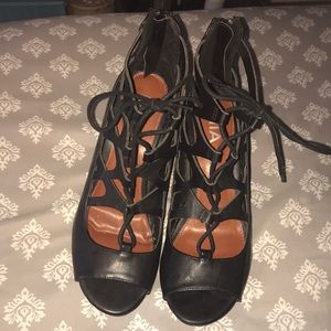 Black lace up wedges